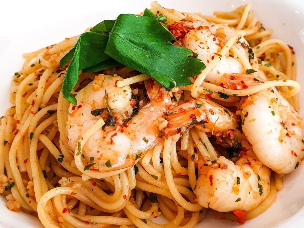 aglio olio with prawns