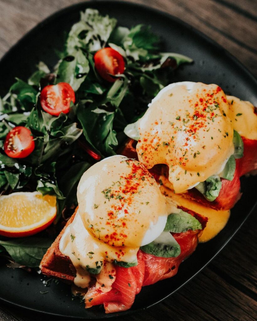 eggs royale waffles with kale