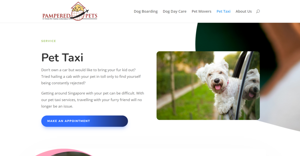Pampered Pets pet taxi landing page